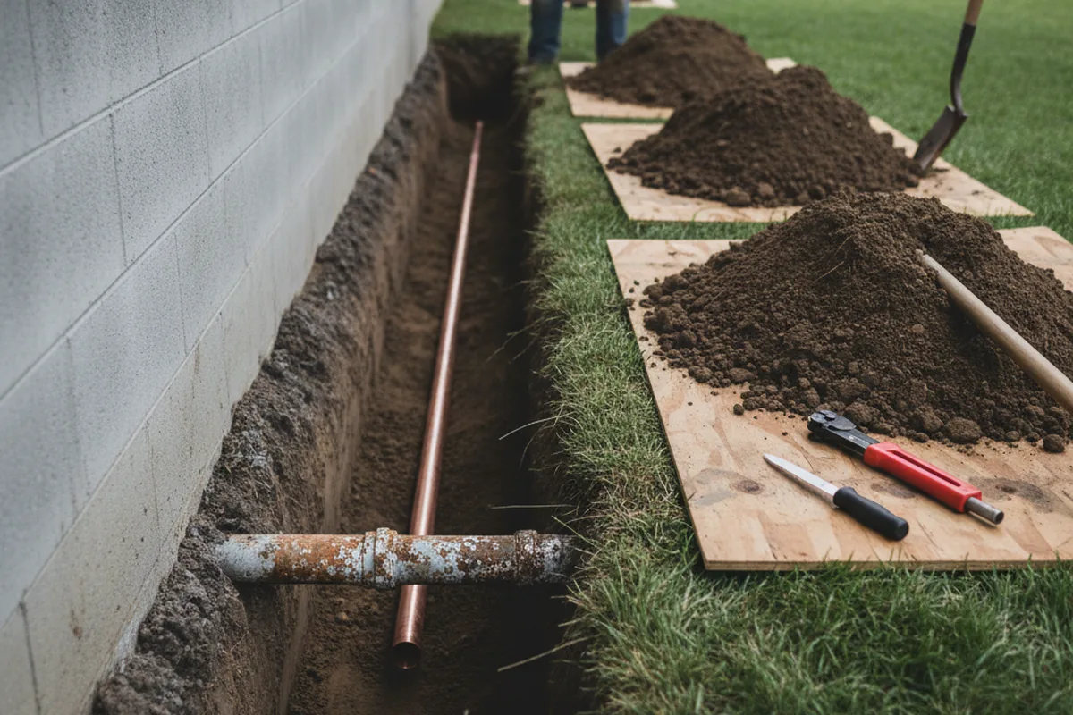 Excavated water line trench during Sewer Line Repair in Highlands